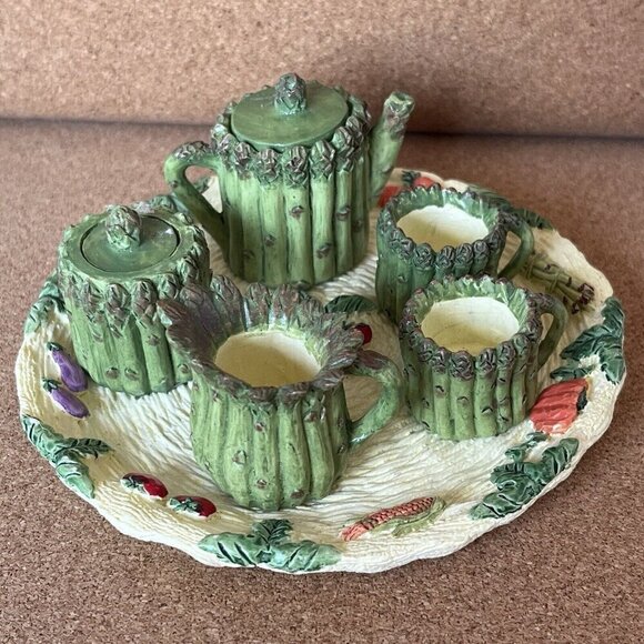Vtg 90s Miniature Resin Asparagus Tea Set Mini Doll House Plate Garden Cottage - Picture 16 of 16